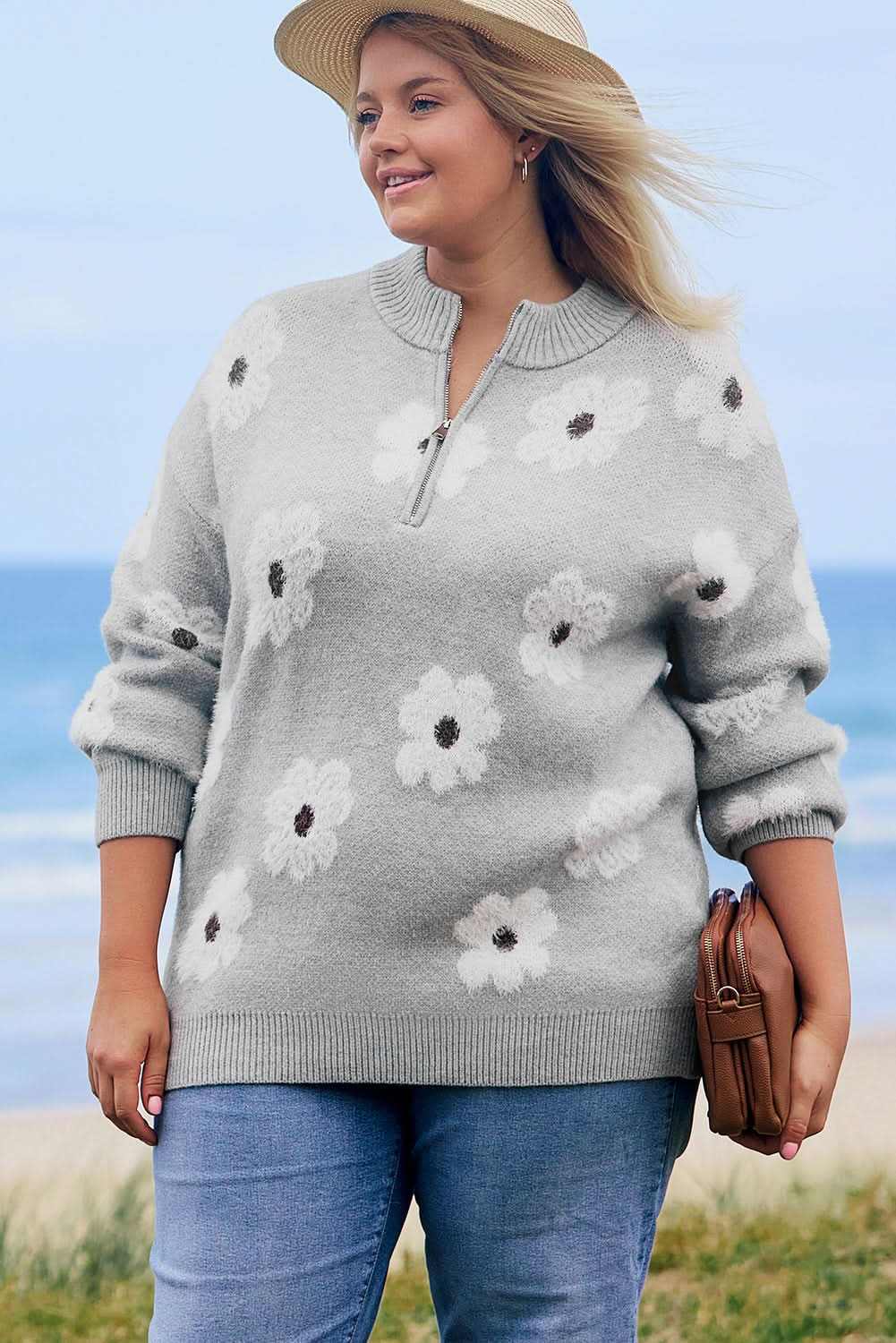 Gray floral embroidered plus size sweater - Love Salve
